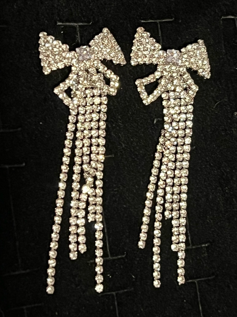 CZ Bow Drop Fringe Earrings - Silver Tone